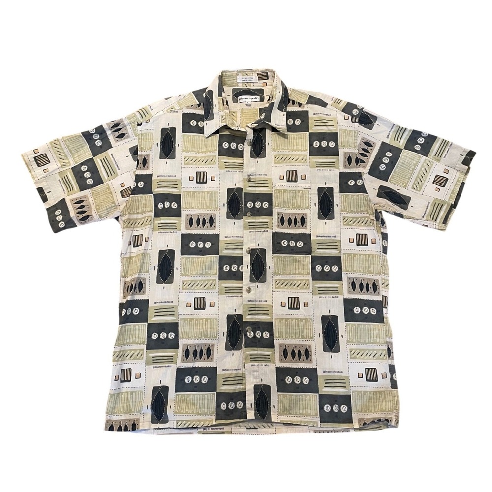 Pierre Cardin Mens Vintage Geometric Abstract Cotton Short Sleeve Shirt Green L